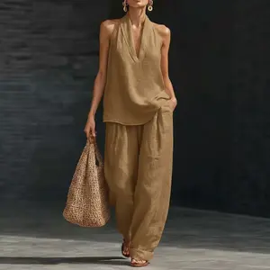 Women's sleeveless loose-fitting off-shoulder suit, summer casual wide-leg pants two-piece set, fashionable trendy style