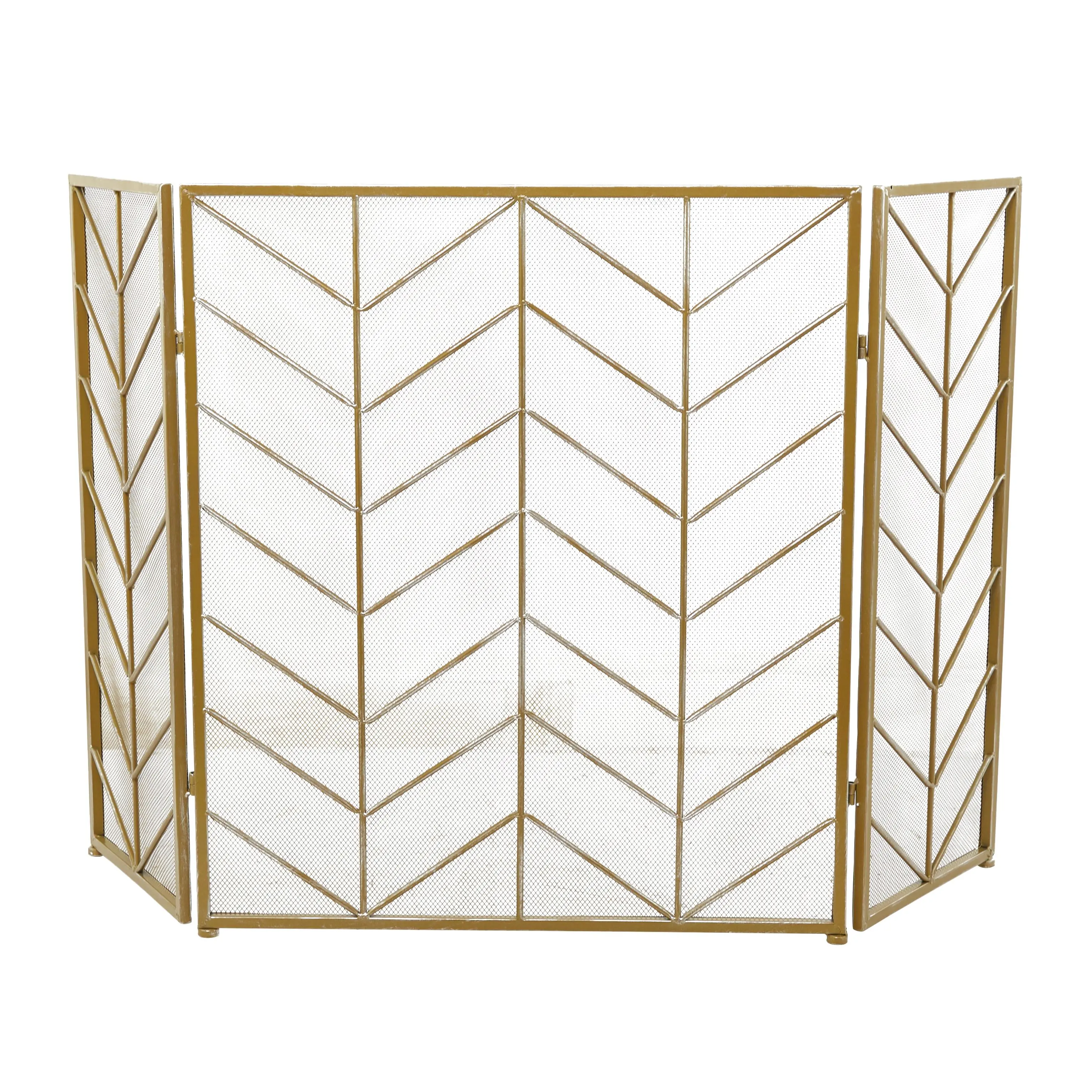 Minimalist Modern 3-Panel Foldable Chevron Mesh Metal Fireplace Screen, 52in L x 0.50in W x 31in H Rectangular Geometric Design, Round Feet, Resists Heat Up to 600 Degrees, Fully Assembled, Ember-Blocking Indoor Living Room Furniture, Single Unit