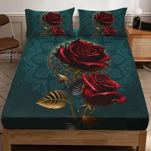3PCS Classic Fashion Delicate Rose Flower Home HD Digital Printed Bed Sheet Three Piece Set Including 1 Bed Sheet and 2 Pillowcases (unfilled)