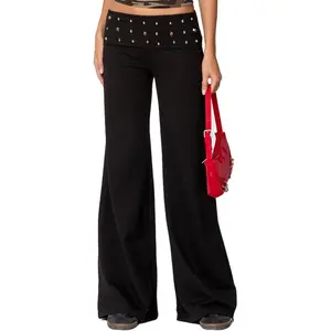 Women Y2K Fold Over Pants Rivet Foldover Wide Leg Yoga Flare Leggings Stretchy Low Waist Roll Over Bell Bottoms