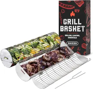 Rolling Grill Basket, New Opening Design, Extra Sturdy Cylinder Grilling Basket, Food Grade Stainless Steel, Large Portable Outdoor Camping accessories BBQ Net Rack, Cooking Griller for Fish, Vegetables, and More - Gifts for Men Dad Husband - Set of 2
