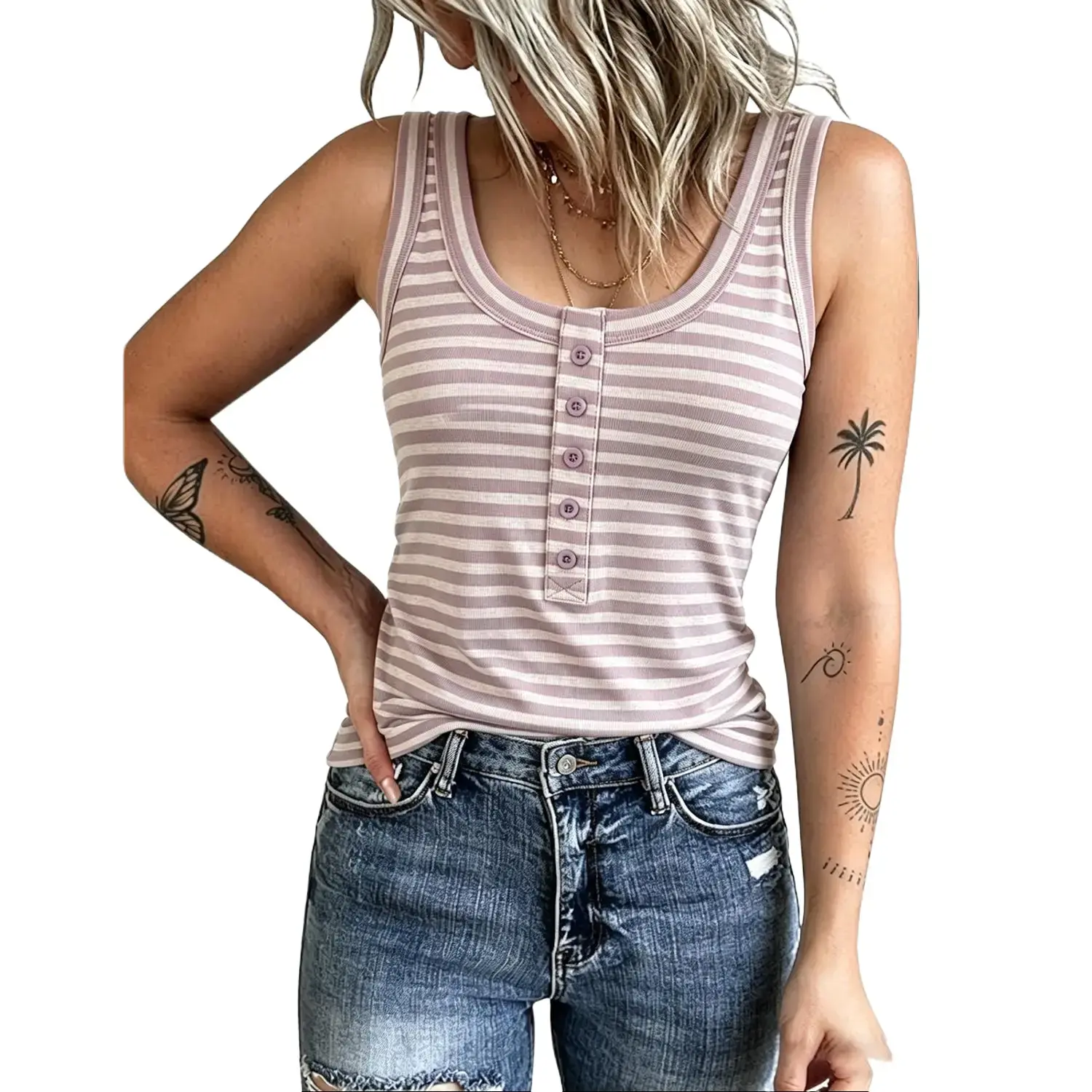 EncoLax Womens Striped Ribbed Tank Top Henley Style Button Front Sleeveless Casual Summer Tops