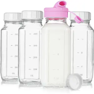 4 Pack 16 Oz Square Glass Milk Bottle with A Silicone Dispenser Cap, Glass Juice Bottles with Airtight Screw Lid, Reusable Drinking Bottles with Capacity Marks, Breastmilk Storage Container