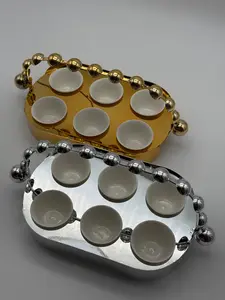 =%2=-- Luxury Metal Coffee Cup Holder Set with 6 Porcelain Cups – 7 Piece Espresso/Arabic Coffee Serving Set (Gold or Silver)