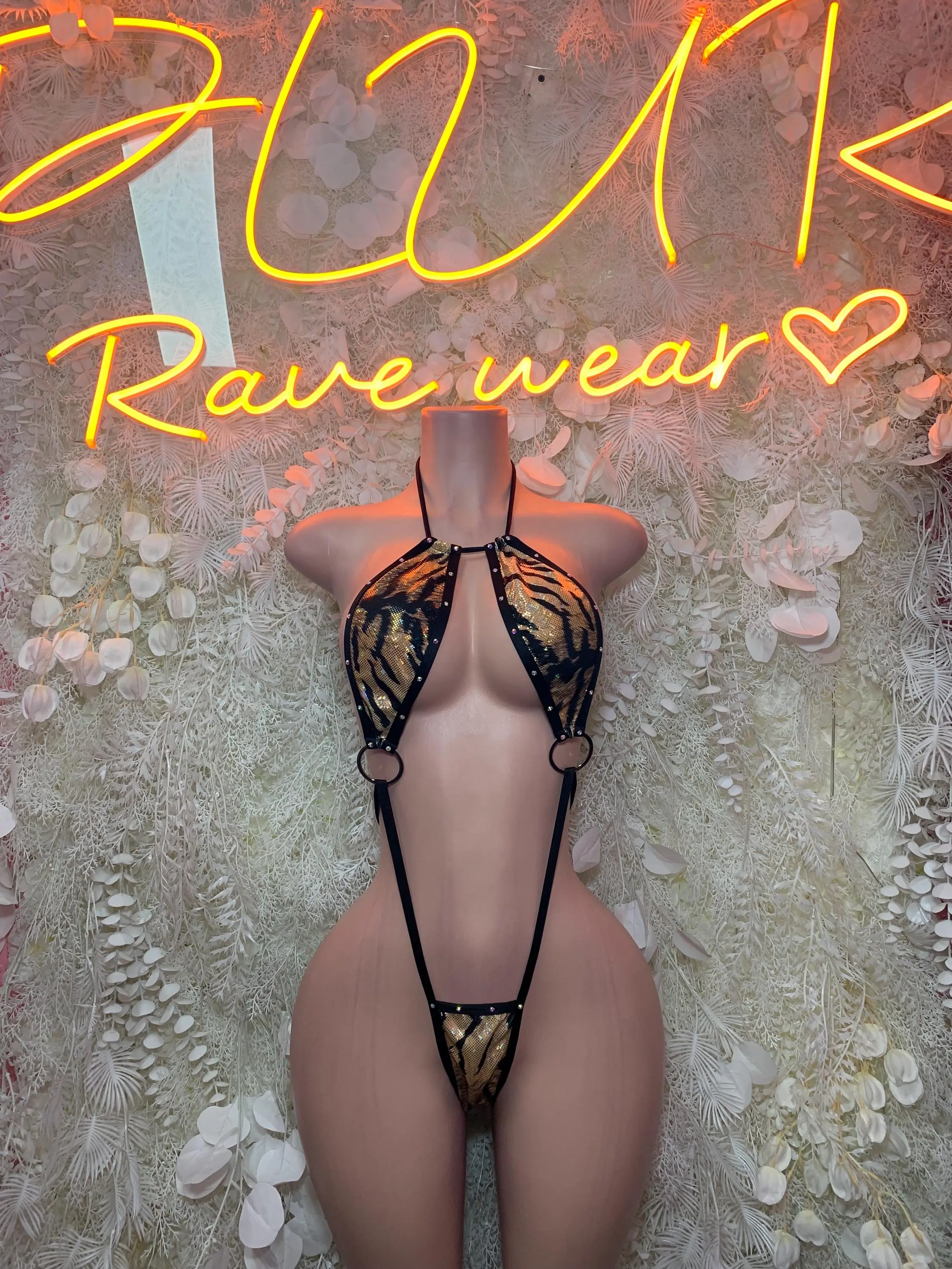 Gold Tiger Print Two Piece - Festival Exotic Dancewear Outfit, Sparkly Halter Outfit