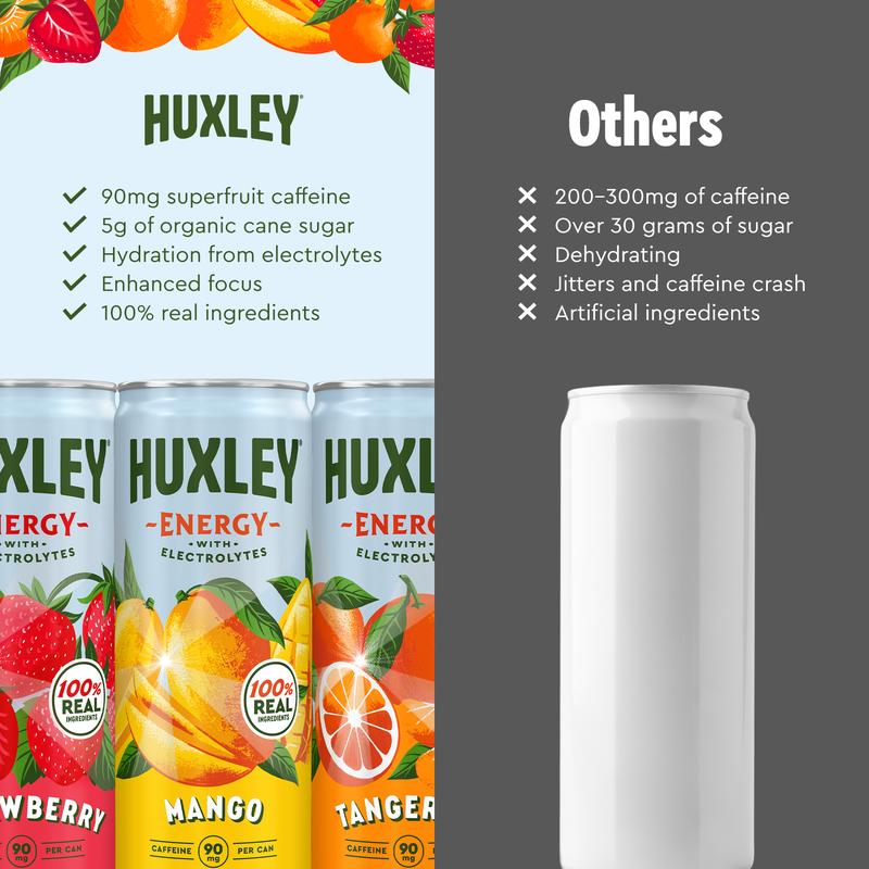Huxley Superfruit Energy Drink Variety Pack - 90mg Natural Caffeine, Real Fruit Juice, 5g Sugar, Electrolytes, No Artificial Ingredients - 12 pack