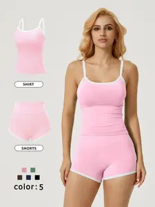 Women's Two-Piece Set, Knitting Side Colorblock Trim, Slimming Tank Top, Square Neck, Backless Design, High Waist Shorts, Comfortable Fit, Aesthetic