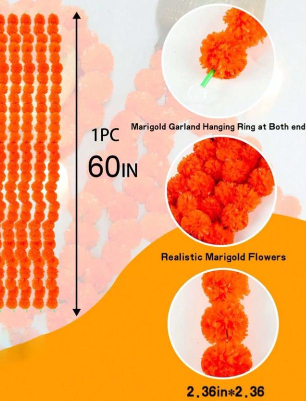 1pc 60 Inch Long Artificial Artificial Marigold Rattan Decoration, Suitable For Wedding, Puja, Halloween, Day Of The Dead And Other Occasions Decoration Rama Decoration
