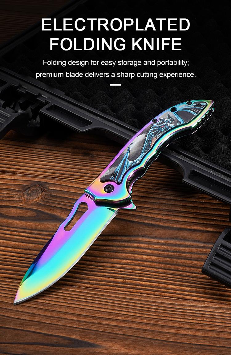 Portable EDC multifunctional tactical outdoor colorful folding knife and pocket knife. All-steel construction with a quick-opening design; outdoor cutting tool designed specifically for climbing and fishing; an essential item for camping and hiking.