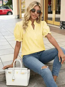 Vintage Striped Stand Collar Top with Ruffle Short Sleeves, Casual Spring Summer Blouse for Daily Wear, Available in Multiple Colors