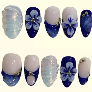 Boho Earth-Tone Press-On Nails - 3D Blue Flower Design, Glossy Finish, Salon-Quality, Reusable, Easy Application, Perfect for Parties & Daily Elegance