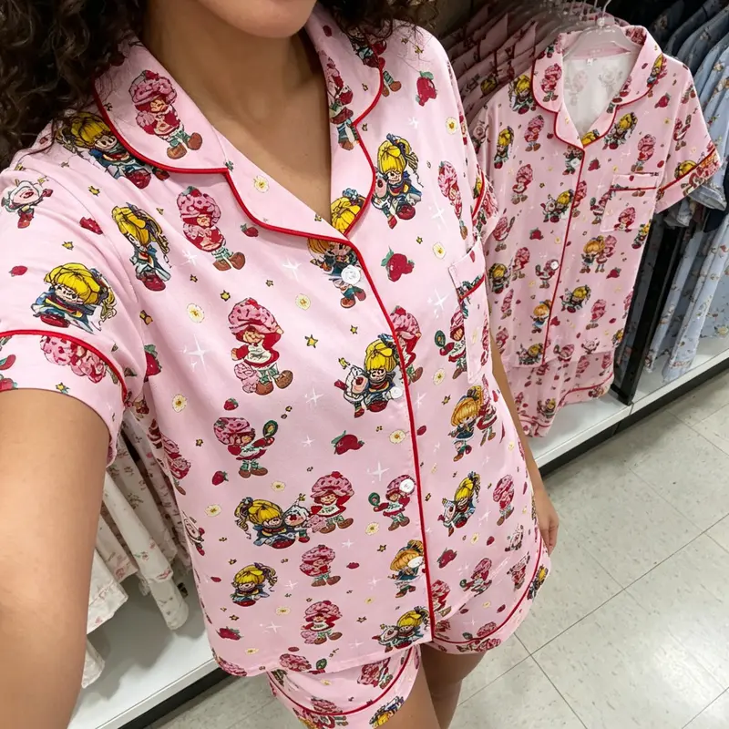 Women's Strawberry Girl Pajama Set, Cute Button Front Two-Piece Pajamas, Matching Pajamas, Soft Comfortable Lightweight Summer Sleepwear Loungewear for All Seasons
