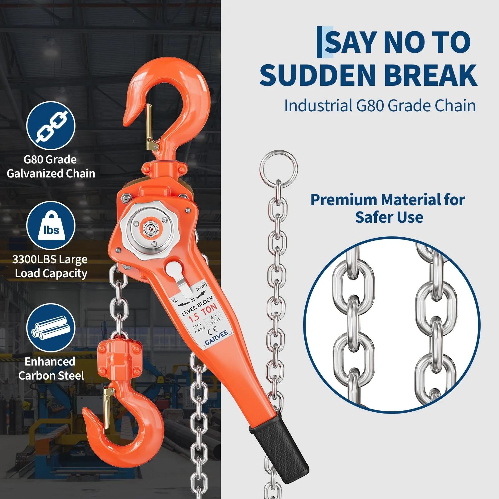 [NEW - FLASH SALE] Garvee Manual Lever Chain Hoist – 1.5 Ton (3300 lbs) Capacity, 10 ft Lift – G80 Galvanized Steel Chain, Weston Double Pawl Safety Brake, 360° Swivel Hooks, Portable Heavy Duty Lifting Hook for Garage, Factory, Dock, Warehouse