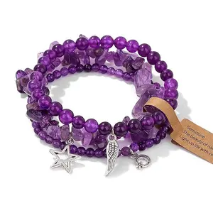 3-piece unisex crystal bracelet set, handcrafted withnatural crystals and healing stones, featuring star, moon,and feather bohemian-style bracelets