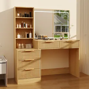 Vanity Desk with 3 Color LED Touch Mirror Makeup Vanity with Charging Station 2 AC and 2 USB 5 Drawers and Glass Top Modern Dressing Table for Bedroom