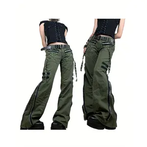Women Autumn Cargo Pants, Punk Low-Waist Zipper Fly Casual Pants with Pockets for Girls, Green