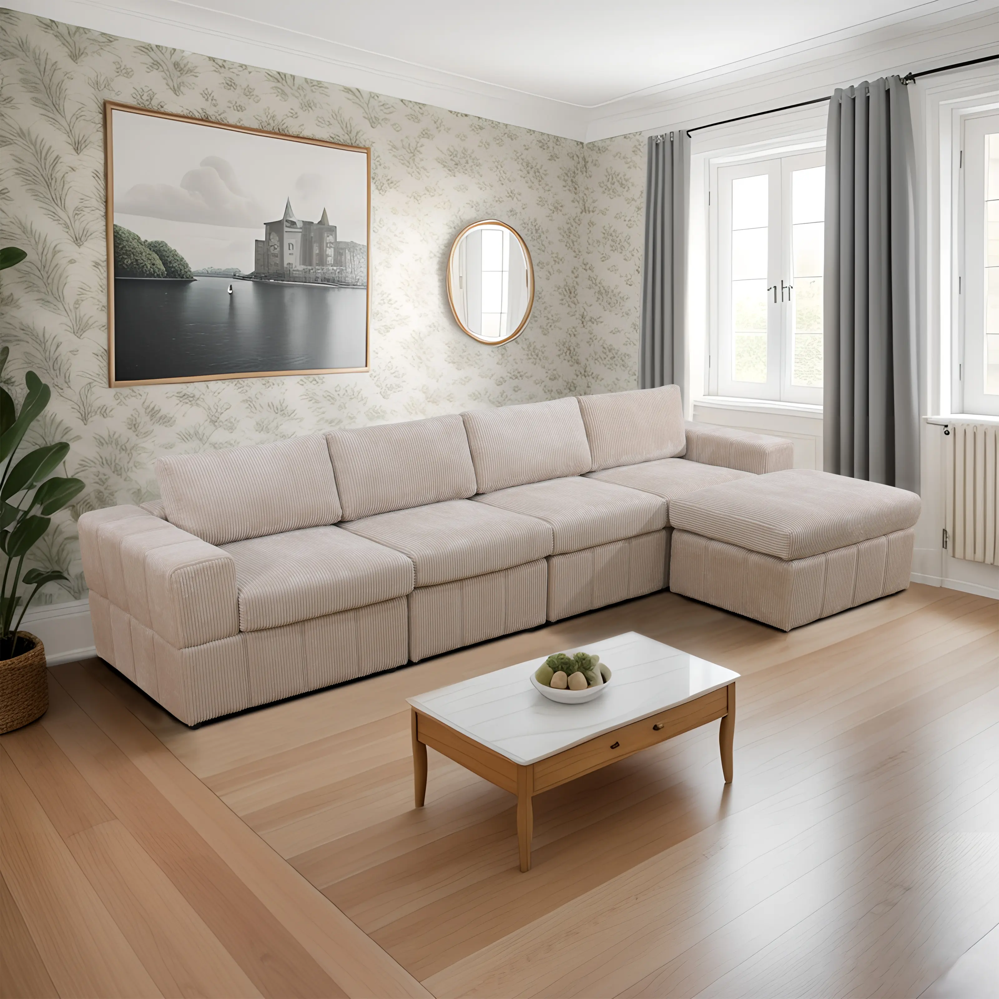 Modern Off-White Corduroy 5-Piece Sofa Set, Soft Comfortable Stylish Modular Living Room Furniture Upholstered Sectional Sofa