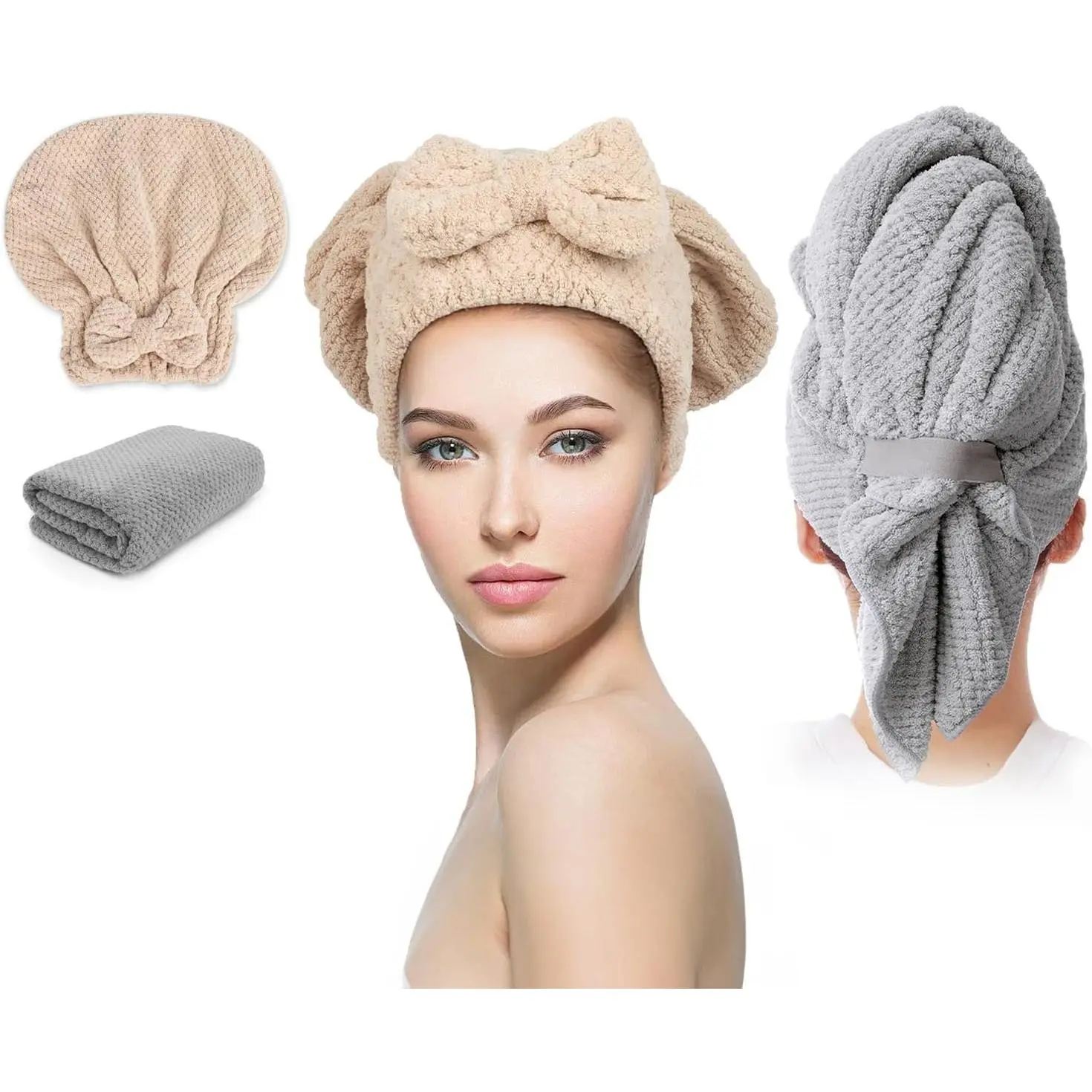 Hair Towel Wrap for Women 2 Pack, Anti-Frizz Microfiber Hair Plopping Towel Super Absorbent Quick Dry Turbans for Curly Wet Hair Grey Khaki