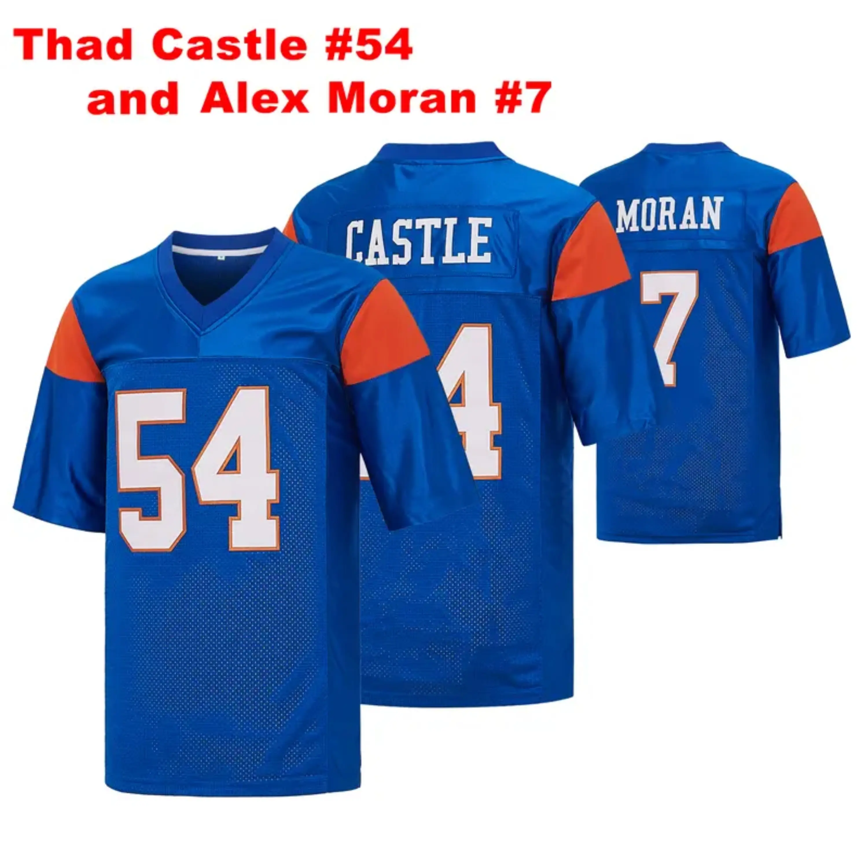 Men's Alex Moran #7 and Thad Castle #54 Blue Mountain State Castle Movie Football Jersey Top, Exquisite Retro Football Uniform