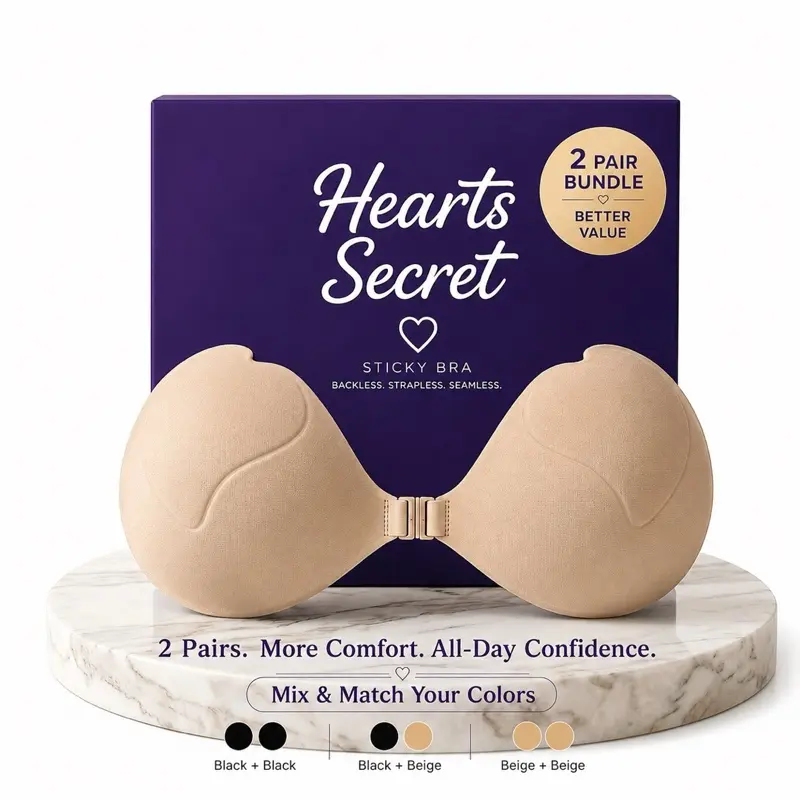 Hearts Secret Women's Chic Seamless Sticky Bra 2-Pair Bundle, Elegant Heart-Shaped Push-Up Tops, Lightweight Reusable for Backless, Strapless Everyday Wear