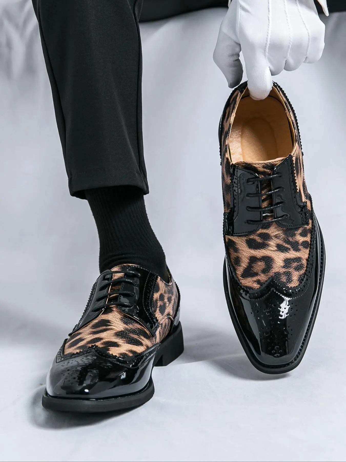 Men's Fashionable Leopard Print Patched Design Dress Shoes, Casual Lace Up Trendy Pointed Toe Shoes for Party, Business Formal Shoes for Men, Rubber