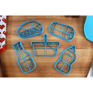 Picnic Food Cookie Cutters - Frankfurter, Ketchup Bottle, Mustard Bottle, Picnic Basket, Picnic Blanket