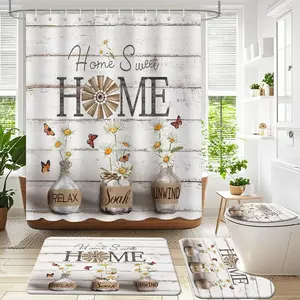 4PCS Farmhouse Shower Curtain Sets for Bathroom, White Daisy Flower Rustic Bathroom Set with Shower Curtain and Rugs, Country Style Relax Soak Unwind Vintage Bathroom Decor with Accessories