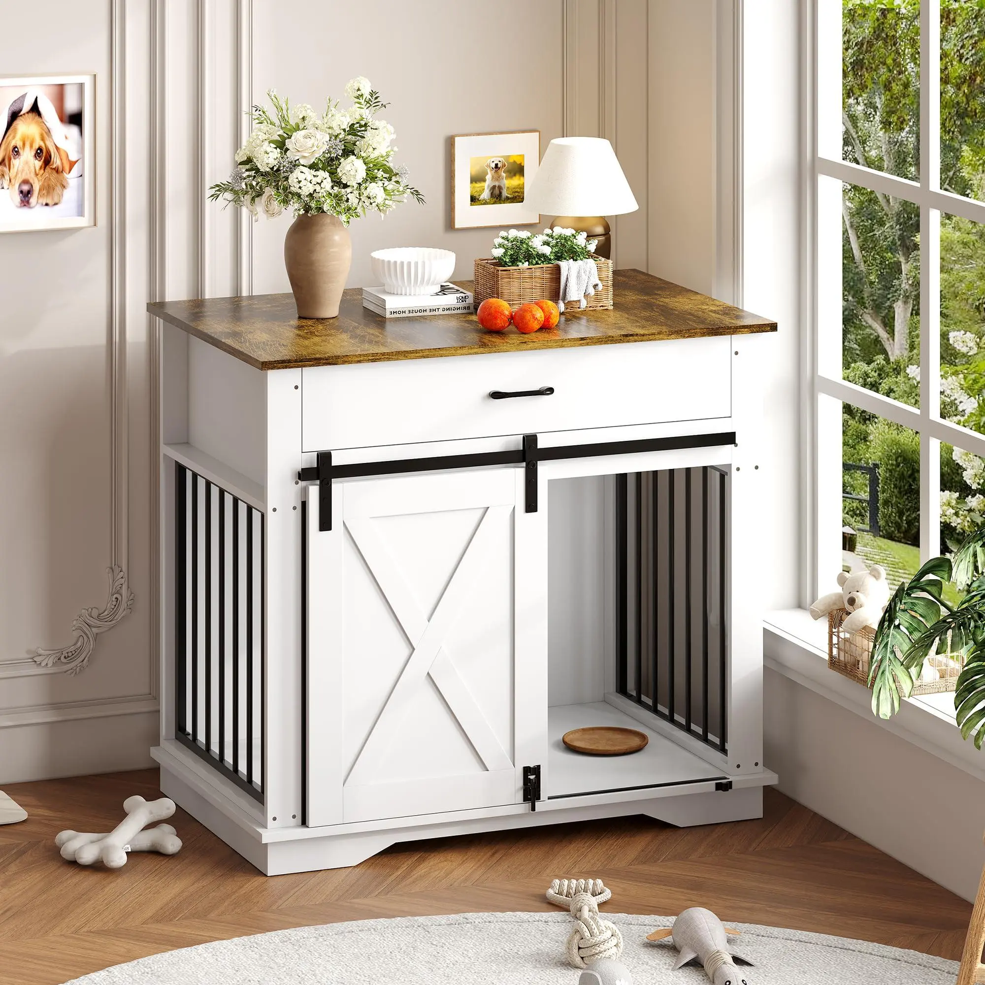 38" Farmhouse Style Dog Crate Furniture - Indoor Wooden Dog Kennel with Sliding Barn Door, Buffet Cabinet with Storage Drawer & Pet Cage House Side Table for Small Medium Large Dogs