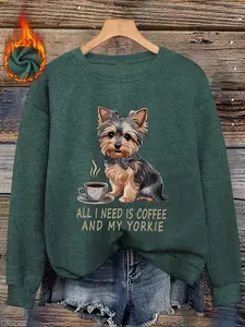 Women's Warm Knit Sweatshirt, Cute Yorkshire Dog Print Long-Sleeved Top, Crew Neck Loose Fit Base Layer, Coffee Cup Pattern Casual Versatile Pullover