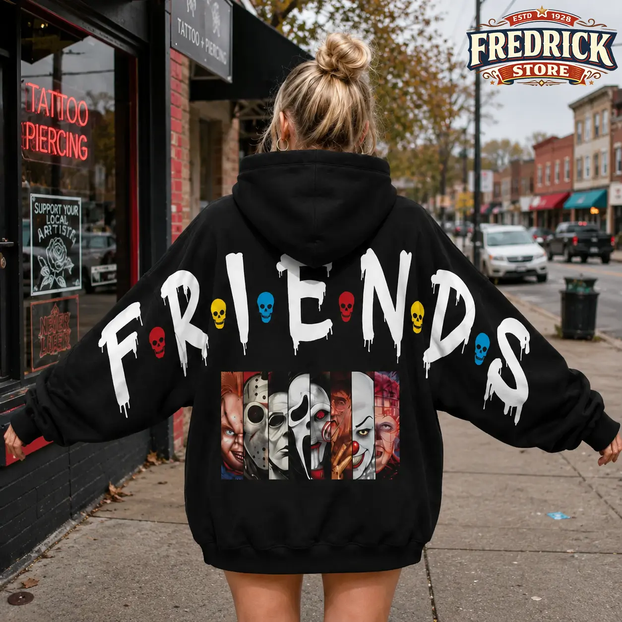 Horror Friends Halloween Hoodie, Shoulder-to-Shoulder Back Lettering Hooded Sweatshirt, Scary Movie Graphic Pullover, Spooky Season, Gift for Him and Her, Vibes Horror Night Crewneck Gothic Clothes Winter Fall