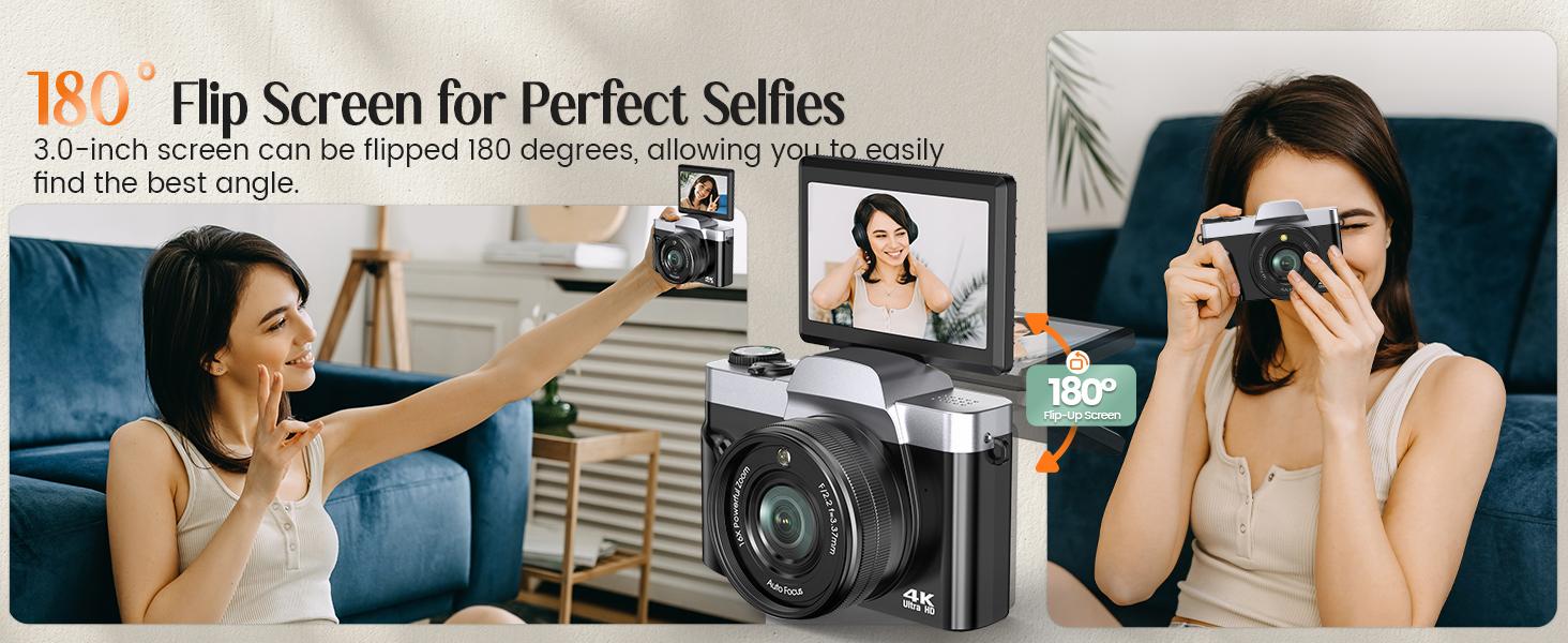 4K Digital Camera for Photography with WiFi,64MP Autofocus Vlogging Camera for YouTube,3'' 180° Flip Screen Compact Travel Camera for Teens with 32GB SD Card,16X Zoom,Anti-Shake,2 Batteries(Black)