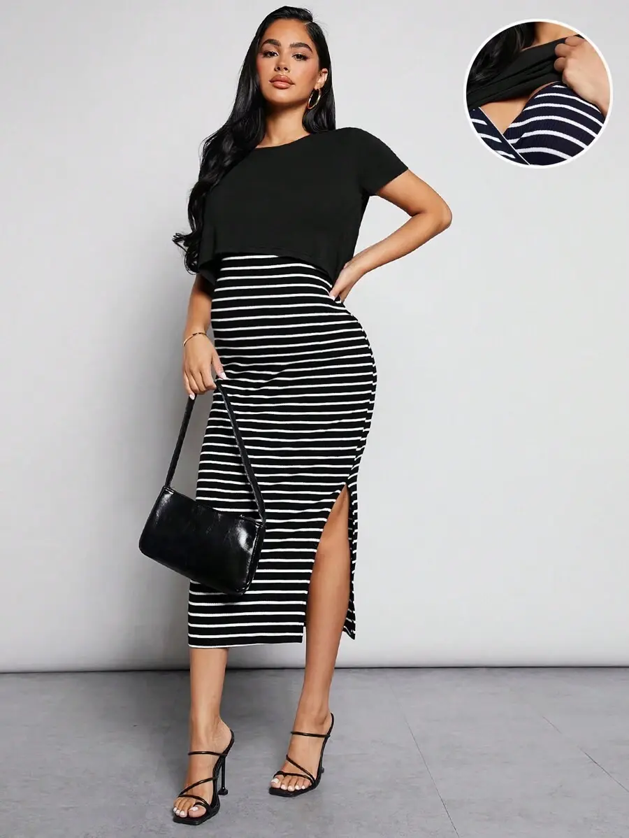 Maternity Summer Casual Nursing Outfits Set: Solid Color Short Sleeve Round Neck T-Shirt And Striped Printed Dress