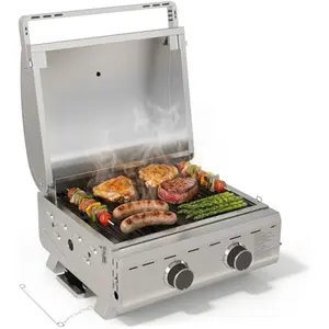 R.W.FLAME【SummerVibes】16,000 BTUs Tabletop Gas Grill, 2-Burner Portable Propane Grill with Foldable Legs, Extra-large 251 Sq. in Cooking Area, 20" Stainless Steel BBQ Grill for Backyard, RV, Camping, Tailgate