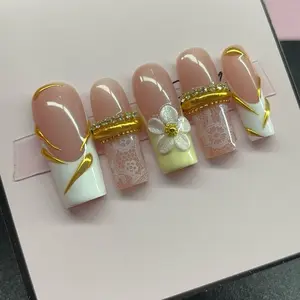 Long square Press on nails white French tips nude lace gold chrome flower 3d gel