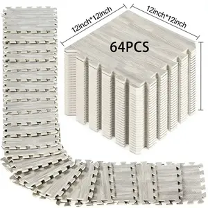 64PCS EVA Cushion Foam Floor Mats, 12inch *12inch Durable Non-slip Wood Grain Foam Puzzle Mats with Borders for Home Gym, Decorate Kitchen, Living Room, Bedroom, Game Room, Office