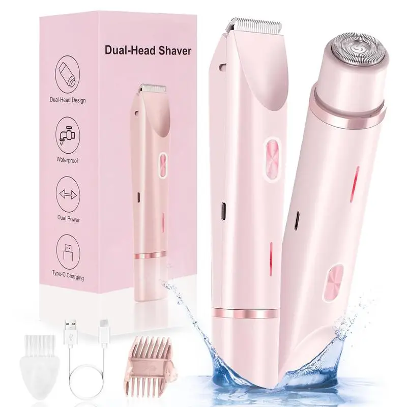 Bikini Trimmer for Women, Electric Shaver and Razor Rechargeable 2-in-1Body and Facial Epilator, Dual Heads for Painless Trimming of Pubic Hair, Face,