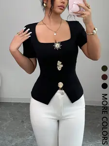 Women's Square Neck Slim Fit Top, Metal Button Split Hem Short Sleeve Blouse