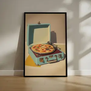 Pizza Turntable Poster, Retro Kitchen Wall Art, Vintage Record Player Pizza Print, Fun Food Art Decor