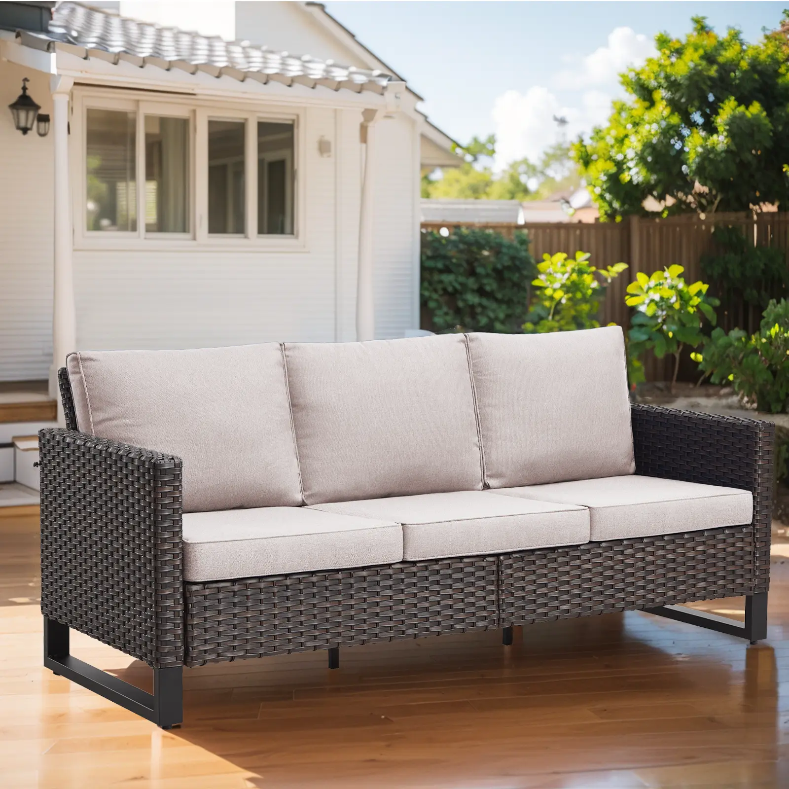 Belord Outdoor Couch Patio Furniture: Wicker Patio Sofa with Deep Seat High Back, 800Lbs Weight Capacity Oversize Outdoor Seating 3 Seater Rattan Couch, Anti-Rust Frame, Brown, GRS Series