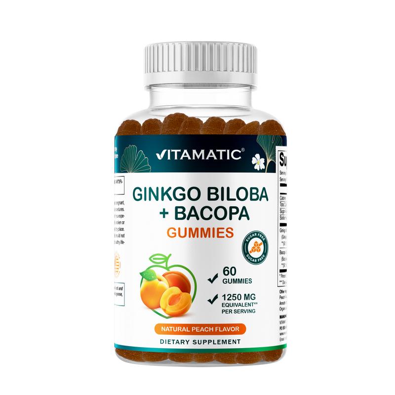 Vitamatic Ginkgo Biloba & Bacopa Gummies - 1250mg Peach Flavor - 60 Vegan Non-GMO Gluten-Free Gummies - Made in USA