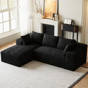 96" L-Shaped Cloud Sectional Couch, Left Facing Modular Compressed Boneless Sectional Sofa with Chaise Lounge, Plush Black Corduroy Boneless Corner Sofa for Living Room