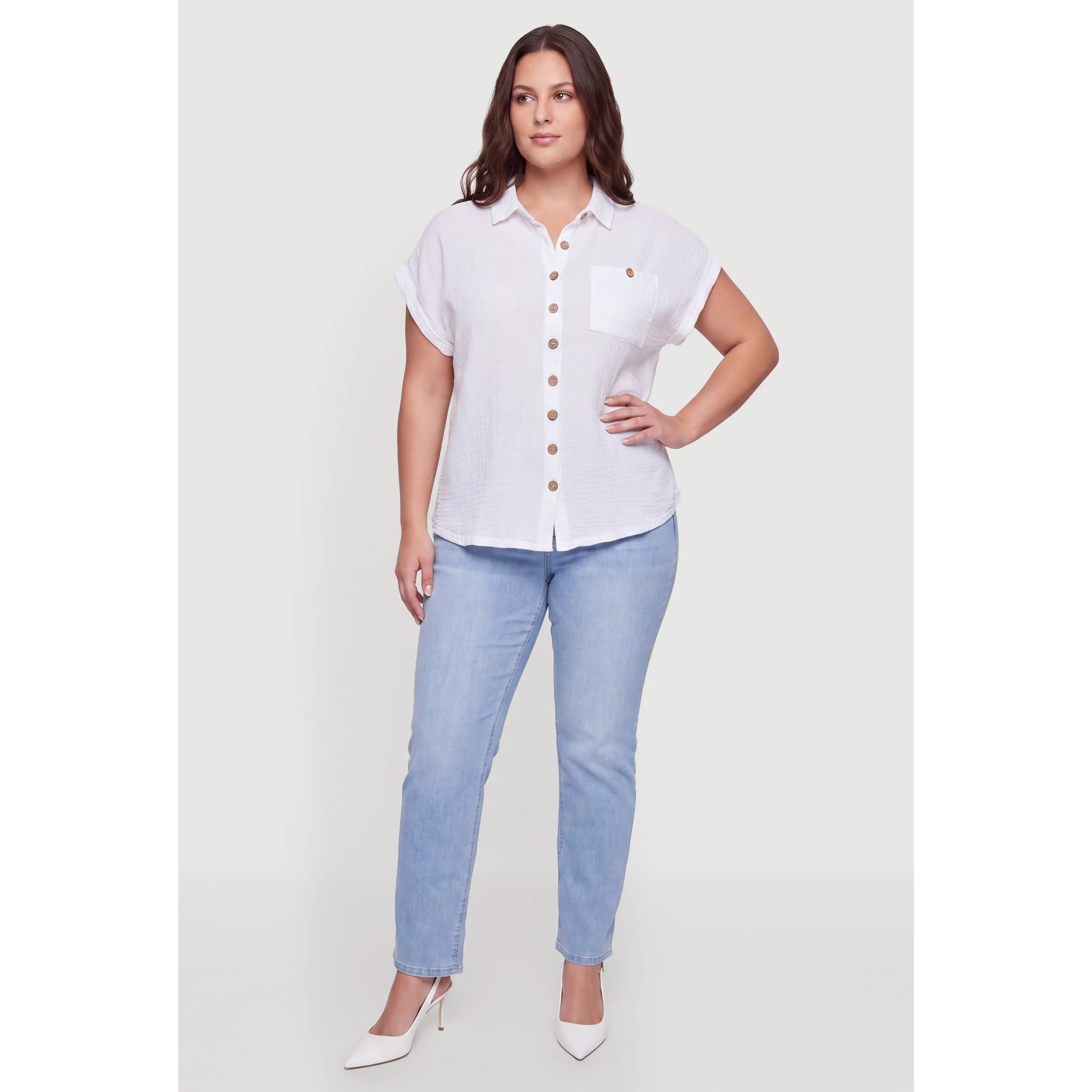 Plus Size Button Front Gauze Knit Shirt