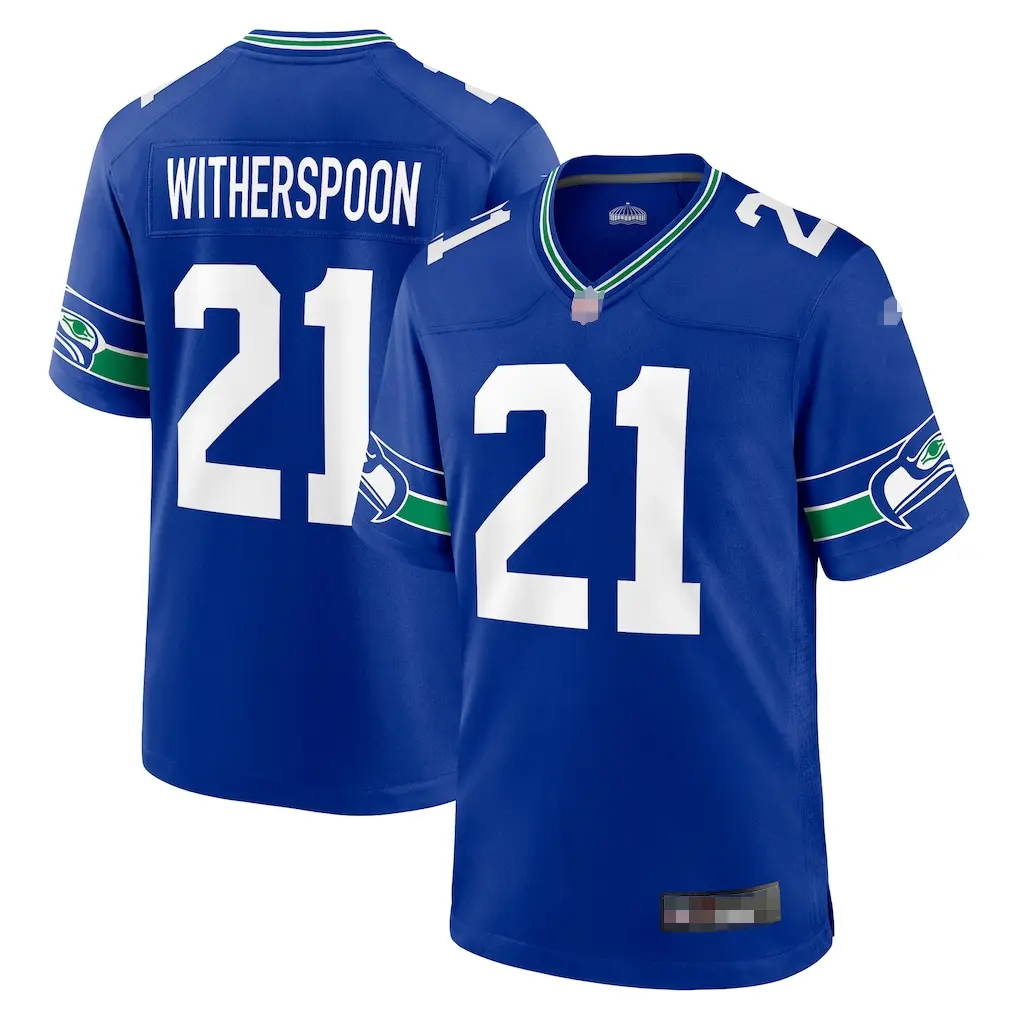 Seattle Football Player #21 Witherspoon Navy/White/Royal Athletic Jersey - Men's Fan Edition