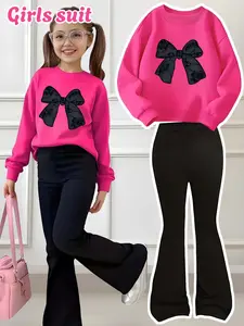 Girls' Imitation floral bow Pattern Print 2-Piece Set, Casual Sportswear Jogger Pants & Sweatshirt, Comfortable Elastic Waist, Spring Summer, Clothes Kids