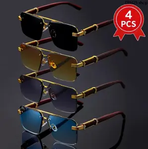 Trendy Vintage Sunglasses，4 Piece Unisex Full Rim Retro Eyewear，Double Bridge Lightweight Frames，Classic Versatile Design Suitable For Party And Daily Casual Wear，Ideal Accessory For Men And Daily Fashion Matching