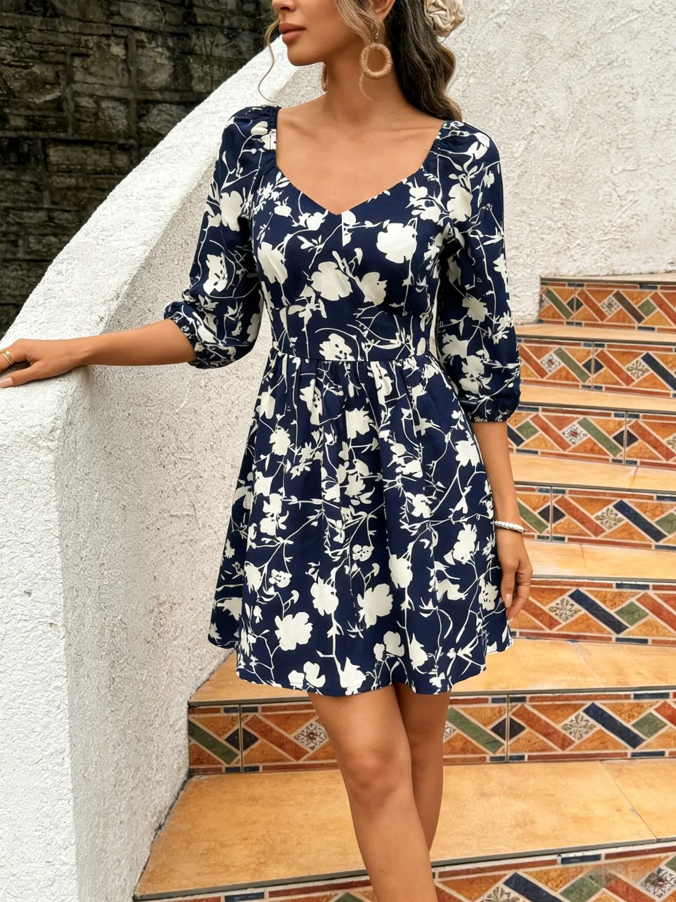 French Retro Navy Blue White Floral V-Neck Puff Sleeve Waist-Cinched Mini Dress Coquette Soft Girl Navy Blue White Floral V-Neck Puff Sleeve Waist-Cinched A-Line Mini Dress Effortless Chic Navy Blue White Floral V-Neck Puff Sleeve Casual Vacation