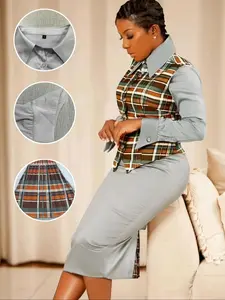 Two-Piece Professional Uniform Set, Stylish Plaid Vest and Fitted Dress, Perfect for Work and Commuting, Womenswear