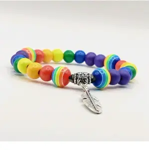 business Gay Pride Charm Bracelet Rainbow Colored Elastic Wood Bead Metal LGBTQ Bracelet Lesbian Gay Bisexual Trans Gay Pride Stuff LGBTQ Gifts for Men Women Teens QTY: 1 handmade jewelry