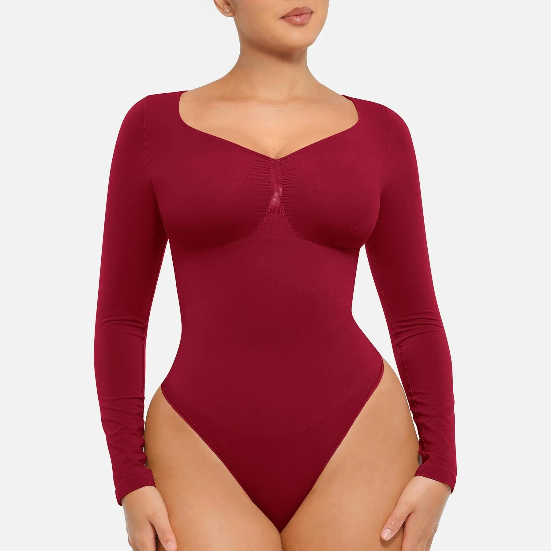 FeelinGirl Womenswear Seamless Long Sleeve Thong Bodysuit V Neck Going Out Fabric Comfortable Casual Breathable
