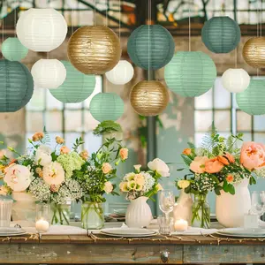 Paper Lanterns Decorative, Round Paper Lanterns Decorations Sage Green/Forest Green/Gold/White for Rustic Party Birthday Party Bachelorette Engagement Wedding Baby Shower 15pcs